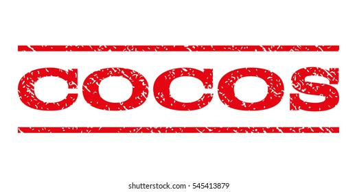 Cocos watermark stamp. Text tag between horizontal parallel lines with grunge design style. Rubber seal stamp with unclean texture. Vector intensive red color ink imprint on a white background.