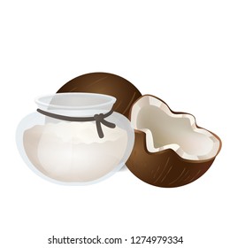 Cocounut with coconut oil in bottle vector illustration on white background.