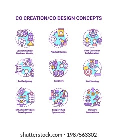 Co-creation concept icons set. Co-design idea thin line RGB color illustrations. Launching new business models. Enhanced product development. Vector isolated outline drawings. Editable stroke