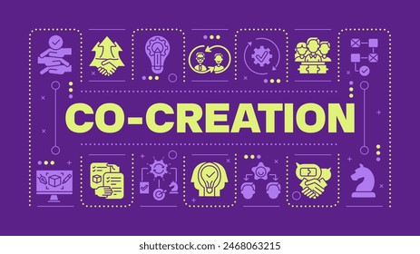 Co-creation dark purple word concept. Teamwork collaboration. Creative process. Product design. Visual communication. Vector art with lettering text, editable glyph icons