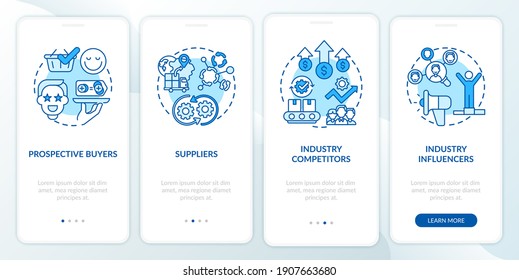 Co-creation participants onboarding mobile app page screen with concepts. Potential buyers, influencers walkthrough 4 steps graphic instructions. UI vector template with RGB color illustrations