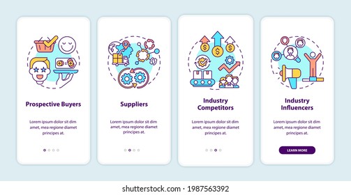 Co-creation participants onboarding mobile app page screen with concepts. Prospective buyers, suppliers walkthrough 4 steps graphic instructions. UI vector template with RGB color illustrations
