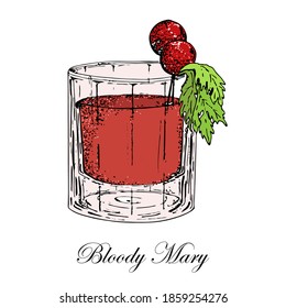 Coctail Bloody Mary with cherry tomatoes and celery leaves. Vektor.Hand Drawn Bloody Mary Sketch on white background.