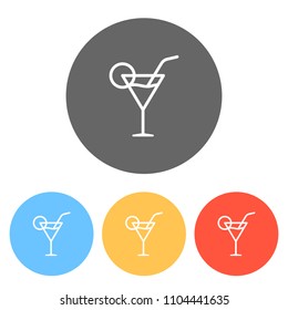 Coctail glass. Simple linear icon with thin outline. Set of white icons on colored circles