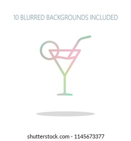 Coctail glass. Simple linear icon with thin outline. Colorful logo concept with simple shadow on white. 10 different blurred backgrounds included