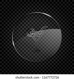 Coctail glass. Simple linear icon with thin outline. Icon in circle glass bubble on dark transparent grid. Glass style