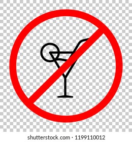 Coctail glass. Simple linear icon with thin outline. Not allowed, black object in red warning sign with transparent background