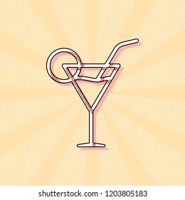 Coctail glass. Simple linear icon with thin outline. Vintage retro typography with offset printing effect. Dots poster with comics pop art background