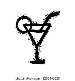 Coctail glass. Simple linear icon with thin outline. Black ink with splashes on white background