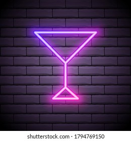 Coctail glass. Simple linear icon with thin outline. Neon style. Light decoration icon. Bright electric symbol.