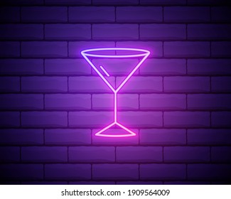 Vidrio de cóctel. Icono lineal simple con contorno fino. Estilo neón. Icono de decoración luminosa. Símbolo eléctrico luminoso aislado en un fondo de pared de ladrillo.