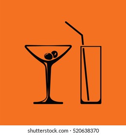 Coctail glasses icon. Orange background with black. Vector illustration.