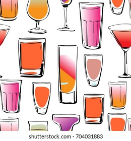 Coctail hand drawn illustration for your design: menu, cards. Seamless pattern