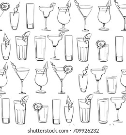 Coctail hand drawn illustration for your design: menu, cards. Seamless pattern