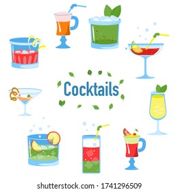 Coctail Icons Set. Summer Alcoholic Drink. Holiday Beach Party Menu. Isolated Flat Cartoon Illustration. Vector collection of cocktails in flat style isolated on white. Ice cube and bubbles