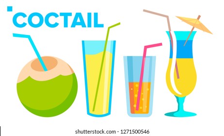 Coctail Icons Set Vector. Summer Alcoholic Drink. Holiday Beach Party Menu. Isolated Flat Cartoon Illustration