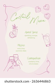 Coctail menu in whimsical outline style. Summer coctails flat hand drawn illustrations. Vector template flyer

