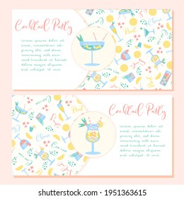 Coctail Party Flyer Banner in trendy color. Summer drinks with lemon, berry, mint, ice and straw. Party, pub, restoraunt or club invitation. fresh and cold alcohol coctail. Vector flat illustration.