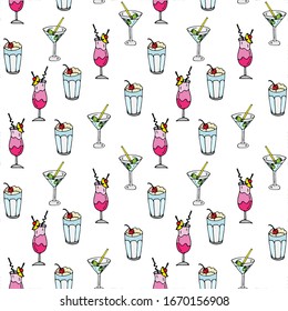 Coctail Seamless pattern. Summer style swatch. Colorful outline hand drawn stock vector illustration. Isolated on white background. Summer background. Sketch style wallpaper, fabric pattern