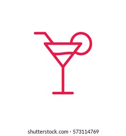 Coctail Thin Line Red Icon On White Background, Happy Valentine Day
