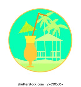 Coctail and tropical landscape in orange round frame.Vector illustration