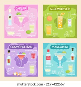 Coctails collection in glass with ice. Classic summer aperitif recipes square cards. Minimal poster with alcoholic beverages. Vector bright illustration.Wall decoration, prints, menu design.