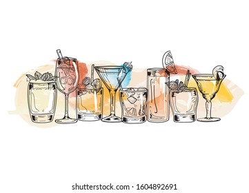 coctails drink glass with ice and fruits icons black and white restaurant design sketch