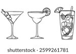 Coctails drinks isolated on white background. Beverage doodles, hand drawn style. Vector illustrations