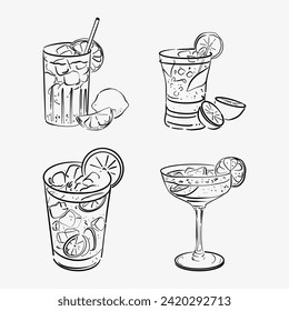 Coctails drinks isolated on white background. Beverage doodles, hand drawn style. Vector illustration.