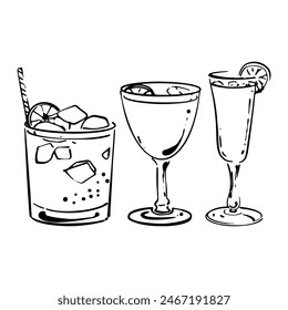 Coctails drinks isolated on white background. Beverage doodles, hand drawn style. Vector illustration.