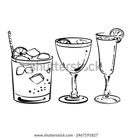 Coctails drinks isolated on white background. Beverage doodles, hand drawn style. Vector illustration.