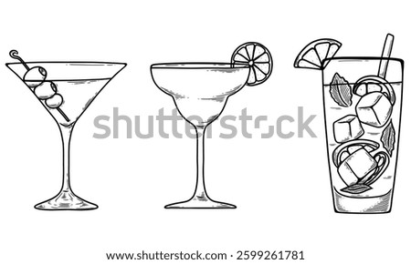 Coctails drinks isolated on white background. Beverage doodles, hand drawn style. Vector illustrations