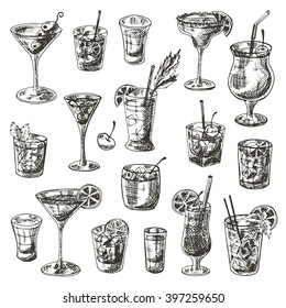 Coctails prontos. Ilustração vetorial desenhada à mão. Martini, Bloody Mary, ponche, daiquiri, margarita, vodka, gin, tequila, B-52, manhattan, negroni, cosmopolita, mojito, pina colada, kamikaze e outros.