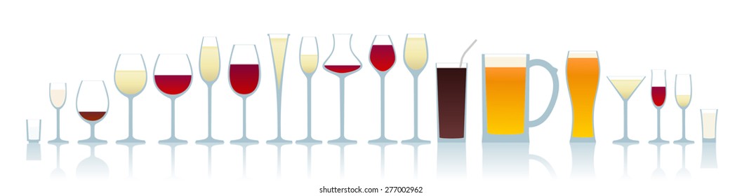 Coctails, spirits and beer in glass