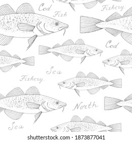 Cod. Atlantic ocean fish. Black and white hand drawn vector seamless pattern.