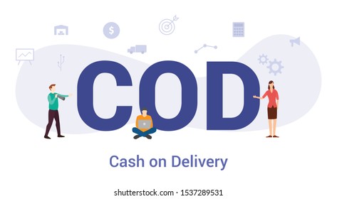 cod cash on delivery concept with big word or text and team people with modern flat style - vector