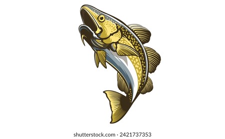 Diseño del logo de los peces bacalao. Emblema de bacalao. Ilustración del tema de la pesca. Pescado aislado en blanco.