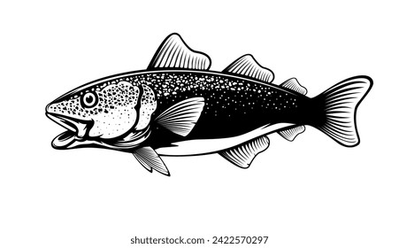 Cod fish logo design. Cod fish emblem. Fishing theme illustration. Fish Isolated on white.