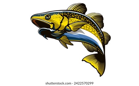 Diseño del logo de los peces bacalao. Emblema de bacalao. Ilustración del tema de la pesca. Pescado aislado en blanco.