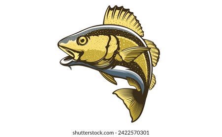 Cod fish logo design. Cod fish emblem. Fishing theme illustration. Fish Isolated on white.