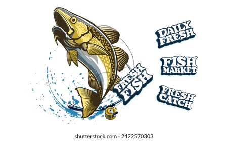 Cod fish logo design. Cod fish emblem. Fishing theme illustration. Fish Isolated on white.