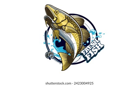 Logo für Kabeljau Kabeljaufisch-Emblem. Illustration zum Thema Fischerei. Fisch einzeln auf Weiß.