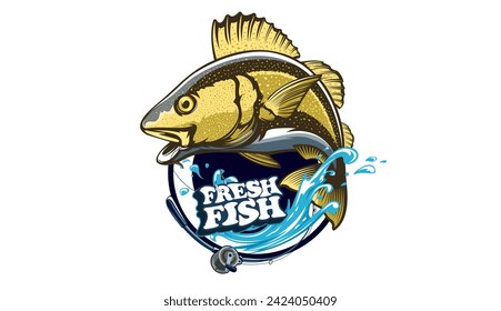 Logo für Kabeljau Kabeljaufisch-Emblem. Illustration zum Thema Fischerei. Fisch einzeln auf Weiß.