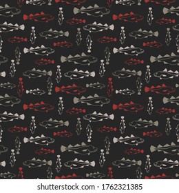 Cod fish scatter pattern in dark colors. Vector seamless pattern design for textile, fashion, wrapping and paper