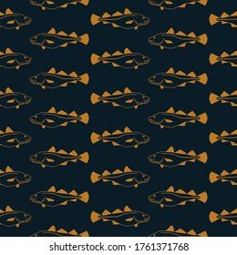 Cod Fish Swimming Horizontal Repeated Pattern In Gold And Navy Blue Background. Vector Seamless Pattern Design For Textile, Fashion, Wrapping And Paper