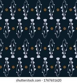 Cod Fish Swimming Vertically Repeated Pattern On Navy Blue Background. Vector Seamless Pattern Design For Textile, Fashion, Wrapping And Paper