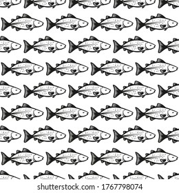 Cod Fish Vector Seamless pattern. Hand Drawn Doodle Sketch Codfish. Seafood Background