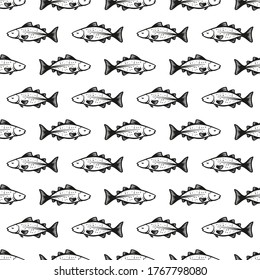 Cod Fish Vector Seamless pattern. Hand Drawn Doodle Sketch Codfish. Seafood Background