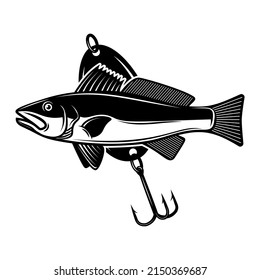 Cod and fishing hook. Design element for emblem, sign, badge, logo. Vector illustration