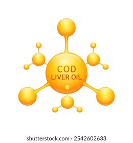 Ácidos grasos del aceite de hígado de bacalao en forma molecular anaranjada sobre fondo blanco. Para productos de nutrición, anuncios de salud alimentaria. Conceptos científicos médicos. Ilustración vectorial 3D.